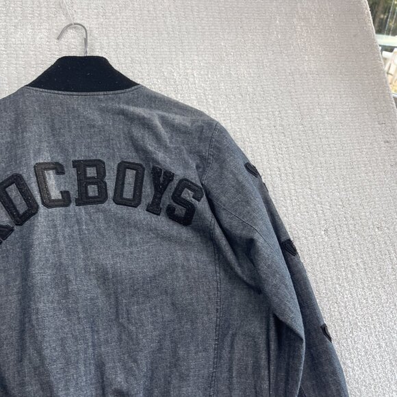 Rocawear Jacket Dark Denim Varsity Bomber Embroidered Sports Y2K Retro Men M - Picture 15 of 15